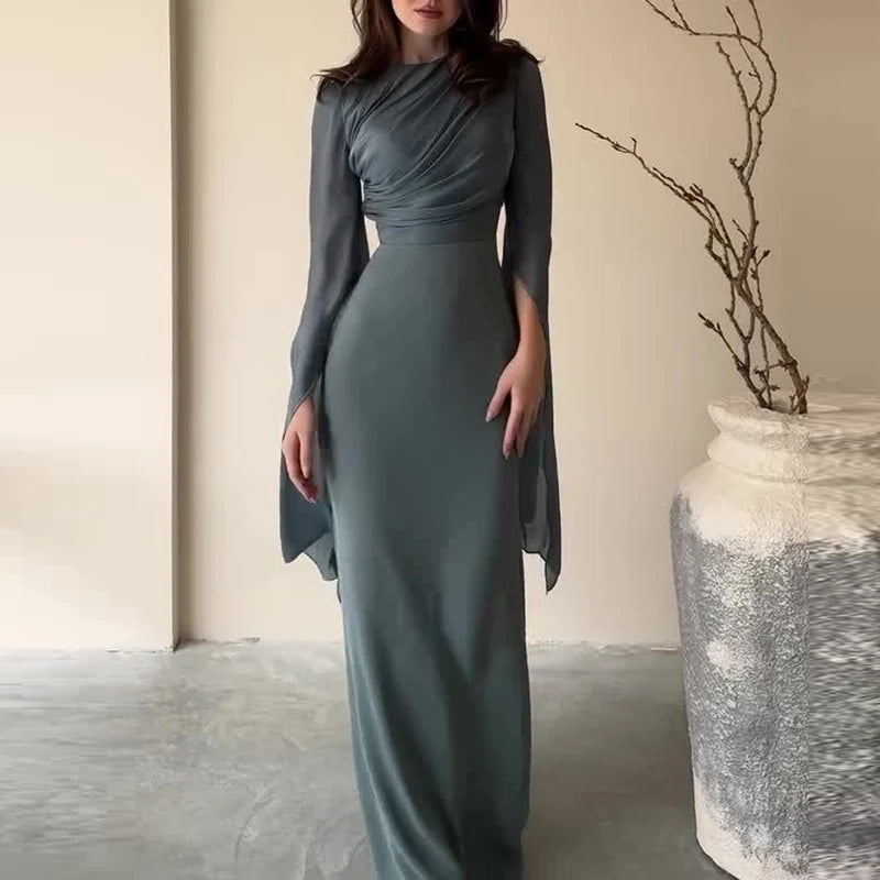 Vestido de satén liso a la moda para mujer, vestido de noche ajustado con cuello redondo y temperamento, mangas de murciélago elegantes, vestido largo plisado de cintura alta