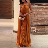 Vestido largo plisado de Color sólido a la moda, vestido de noche holgado calado con cuello Halter sexi para mujer, vestido de fiesta elegante sin mangas y espalda descubierta