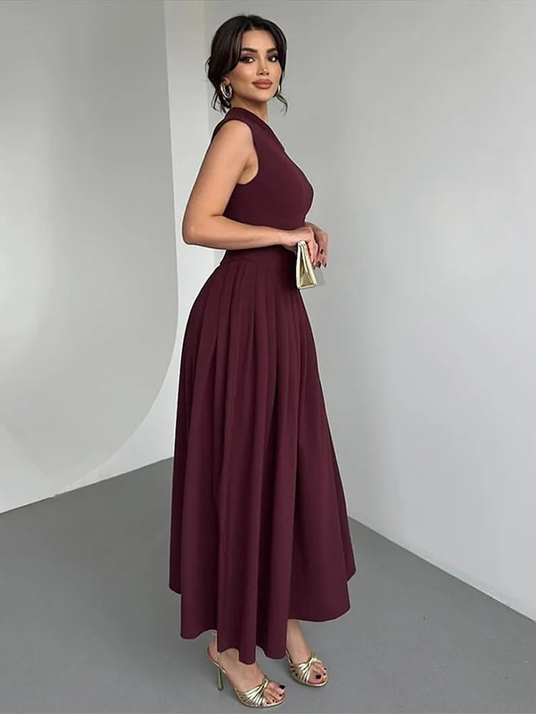 Vestido largo plisado de retales para mujer, vestido elegante negro con medio cuello alto, manga corta, vestidos de cintura alta, batas de calle para oficina