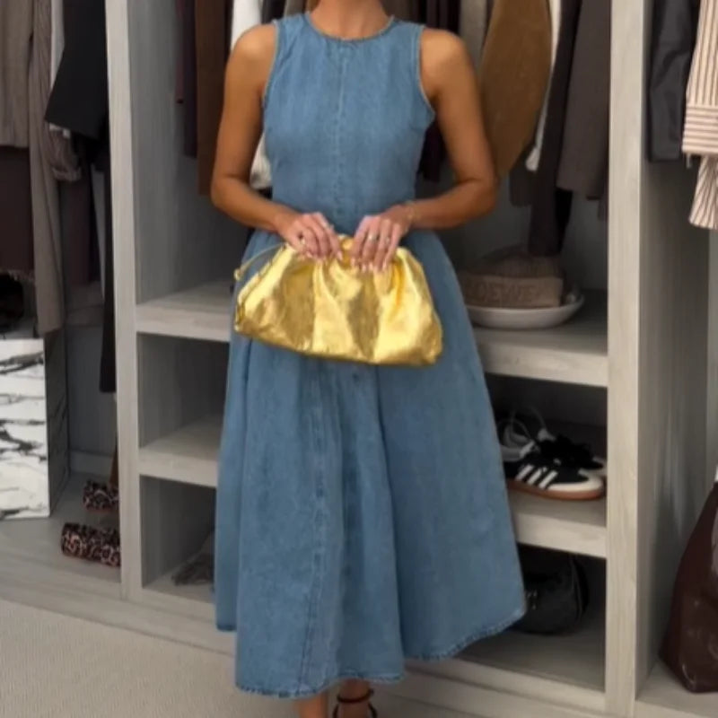 Vestidos largos ajustados de mezclilla a la moda para mujer, Vestidos largos plisados de cintura alta sin mangas con cuello redondo elegantes, Vestidos de calle para ir al trabajo para mujer 2025