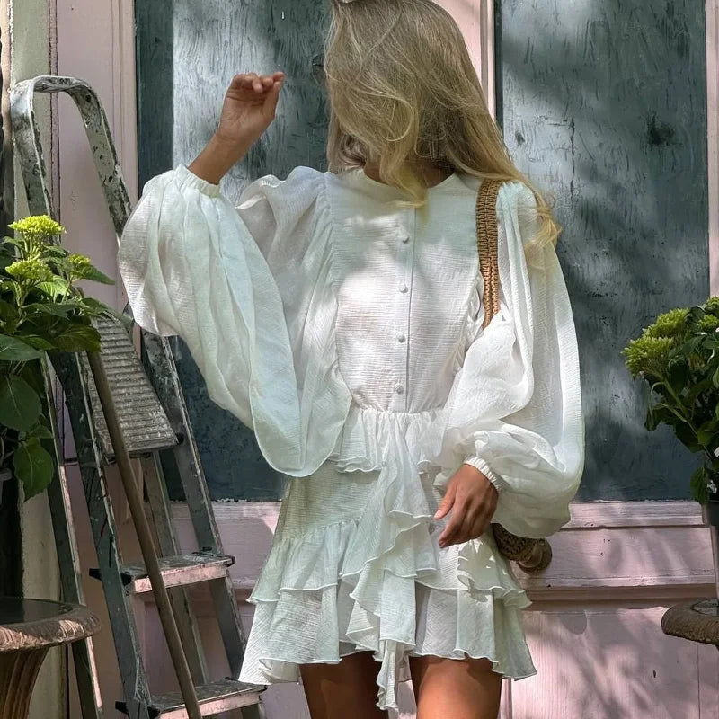 Minivestido informal liso con cuello redondo y borde con volantes para mujer, vestidos holgados plisados con manga acampanada, novedad de verano 2025, vestido de vacaciones para mujer