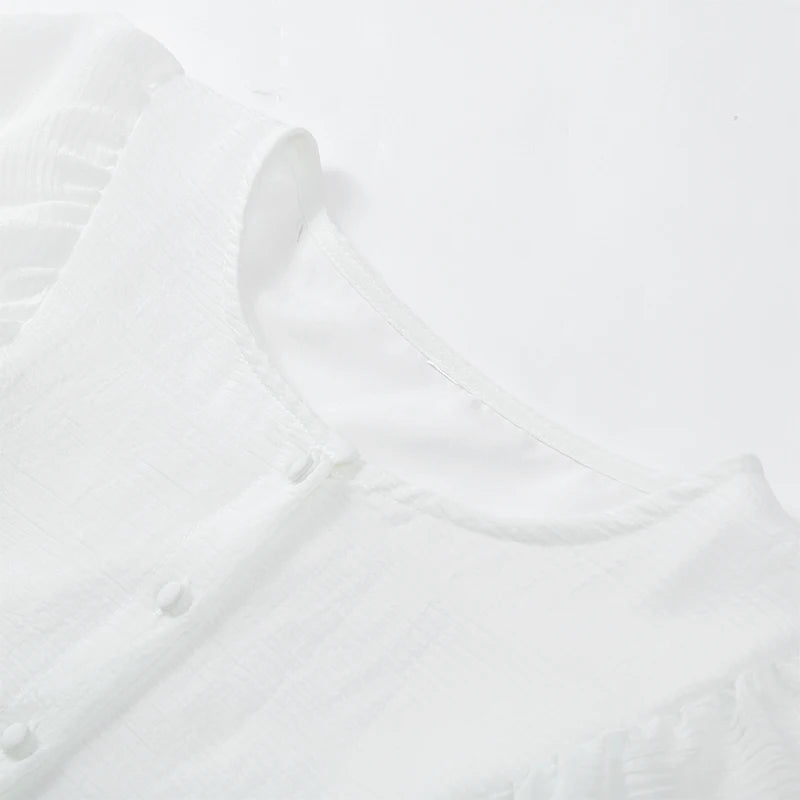 Minivestido informal liso con cuello redondo y borde con volantes para mujer, vestidos holgados plisados con manga acampanada, novedad de verano 2025, vestido de vacaciones para mujer