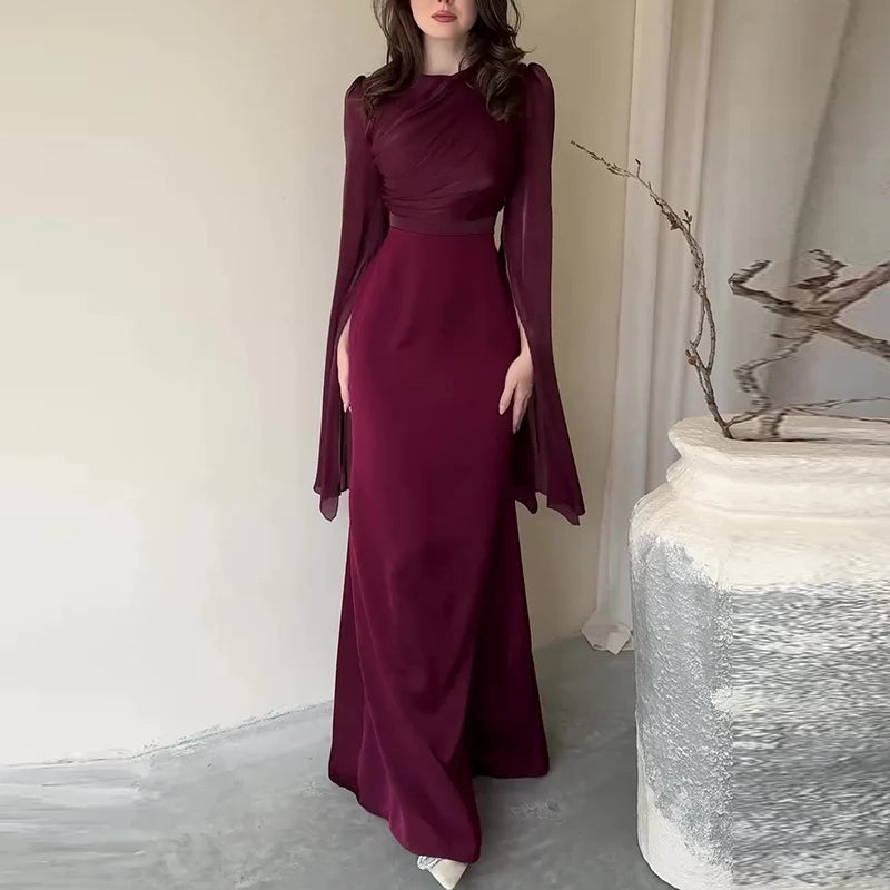 Vestido de satén liso a la moda para mujer, vestido de noche ajustado con cuello redondo y temperamento, mangas de murciélago elegantes, vestido largo plisado de cintura alta