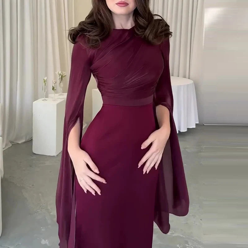 Vestido de satén liso a la moda para mujer, vestido de noche ajustado con cuello redondo y temperamento, mangas de murciélago elegantes, vestido largo plisado de cintura alta