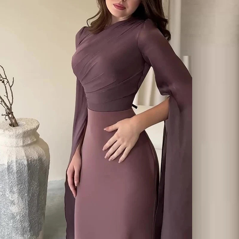 Vestido de satén liso a la moda para mujer, vestido de noche ajustado con cuello redondo y temperamento, mangas de murciélago elegantes, vestido largo plisado de cintura alta