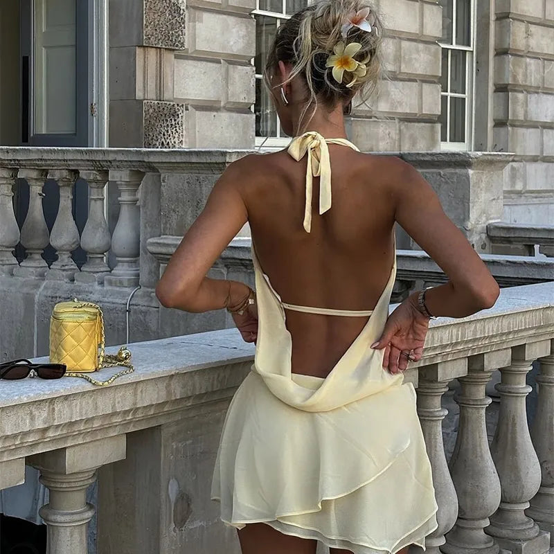 Minivestido informal liso con cuello redondo y borde con volantes para mujer, vestidos holgados plisados con manga acampanada, novedad de verano 2025, vestido de vacaciones para mujer