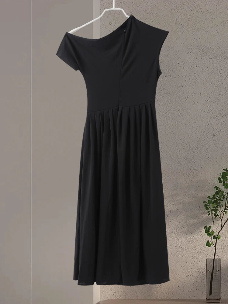 Vestido largo plisado de retales para mujer, vestido elegante negro con medio cuello alto, manga corta, vestidos de cintura alta, batas de calle para oficina