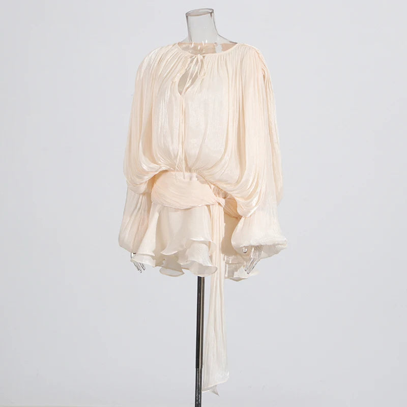 Twotwinstyle blusa sólida mini vestidos para mulheres com decote em v manga longa emendado rendas até vestido estilo doce roupas femininas moda