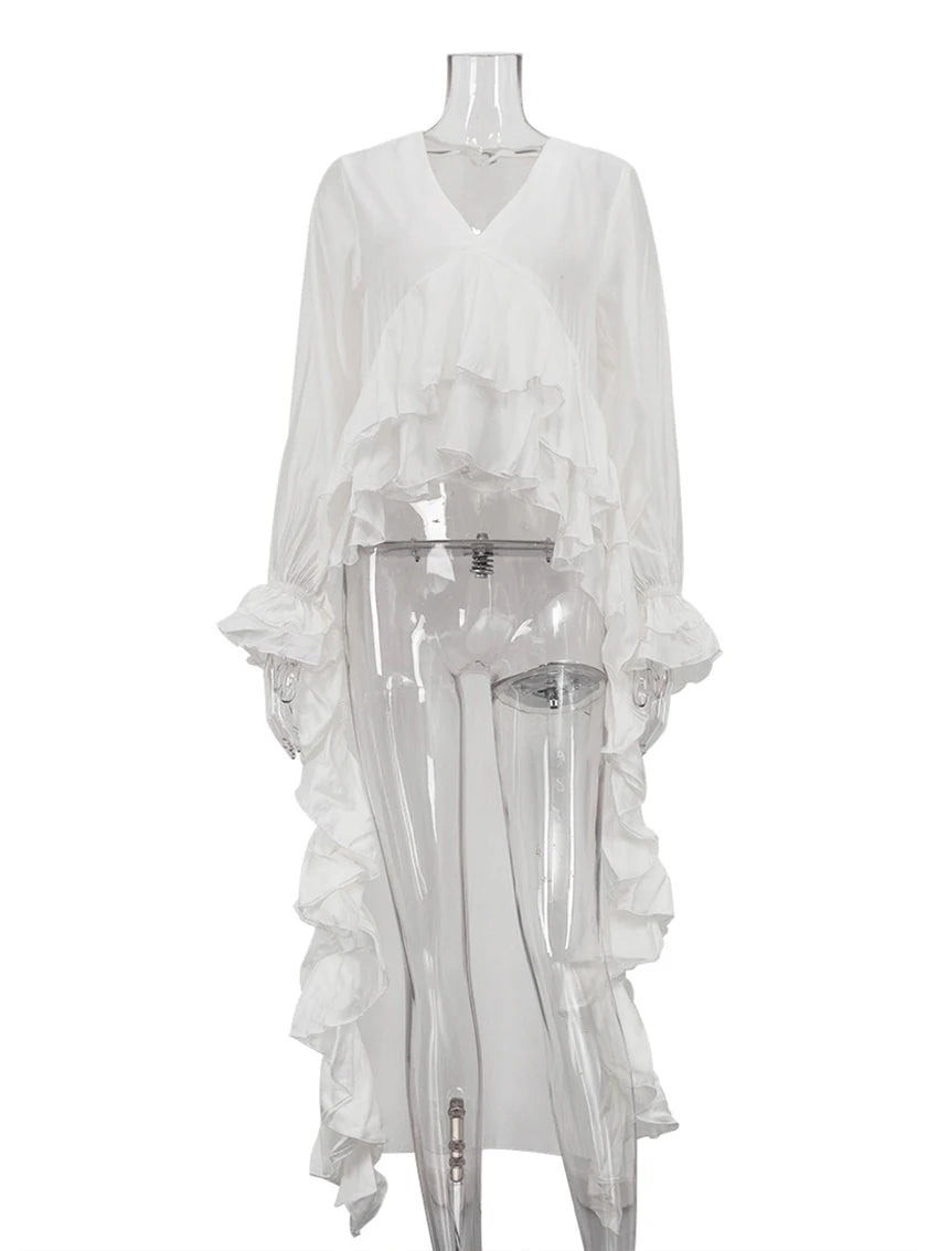 Clacive sexy solto branco camisa feminina 2025 moda com decote em v camisas de manga longa elegante plissado irregular topo roupas femininas