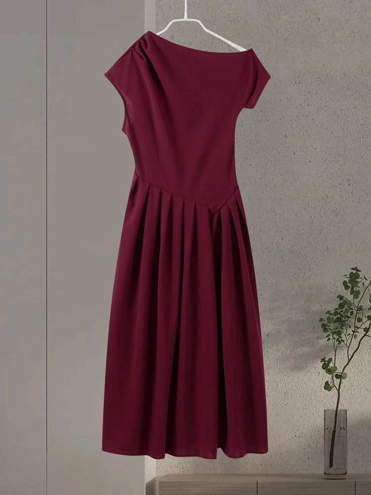 Vestido largo plisado de retales para mujer, vestido elegante negro con medio cuello alto, manga corta, vestidos de cintura alta, batas de calle para oficina