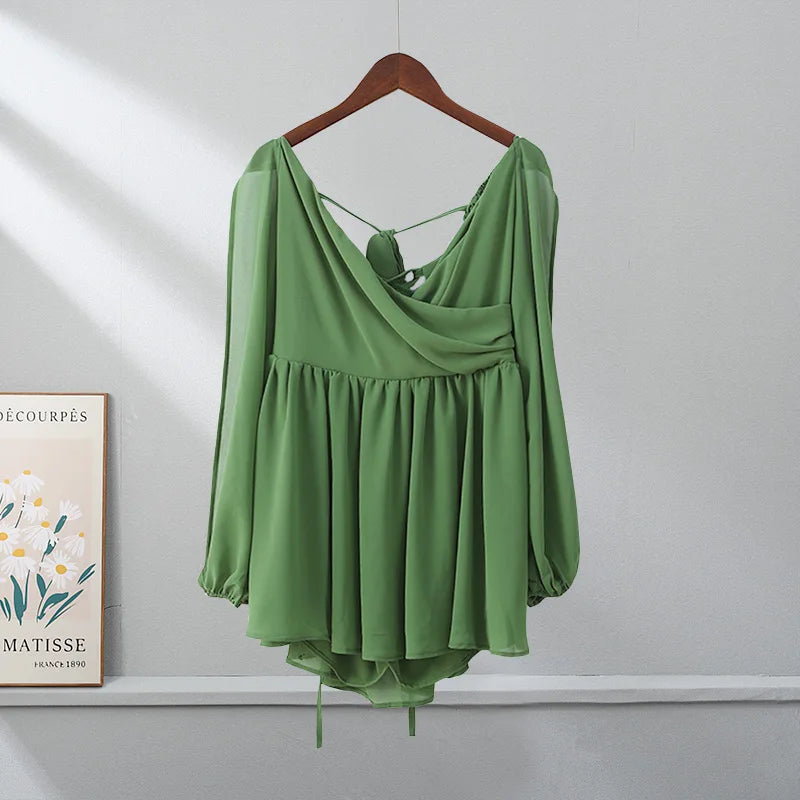 Minivestido plisado verde sexi para mujer, vestidos elegantes con cuello en V y manga larga divididos, vestidos acampanados de verano 2025, batas lisas con cordones y espalda descubierta para mujer