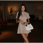 Vestido acampanado de punto con contraste blanco para mujer, Vestidos elegantes de manga corta con botones, minivestidos informales de verano 2025, novedad