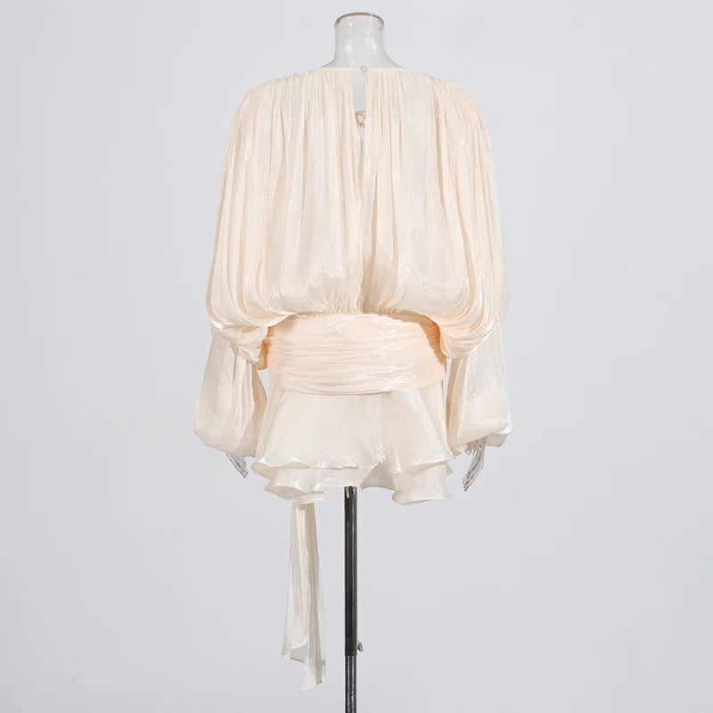 Twotwinstyle blusa sólida mini vestidos para mulheres com decote em v manga longa emendado rendas até vestido estilo doce roupas femininas moda