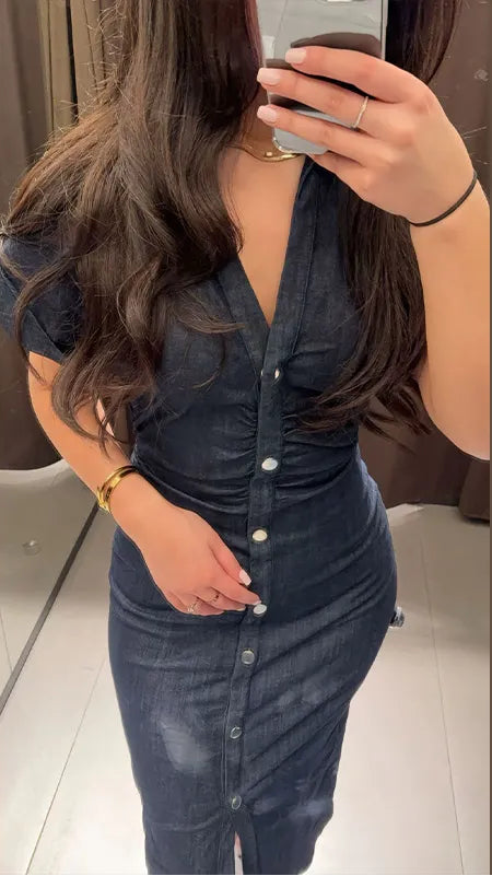 Vestidos largos ajustados de mezclilla a la moda para mujer, Vestidos largos plisados de cintura alta sin mangas con cuello redondo elegantes, Vestidos de calle para ir al trabajo para mujer 2025