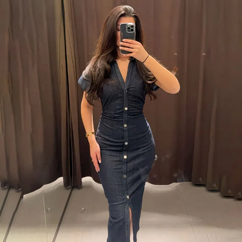 Vestidos largos ajustados de mezclilla a la moda para mujer, Vestidos largos plisados de cintura alta sin mangas con cuello redondo elegantes, Vestidos de calle para ir al trabajo para mujer 2025