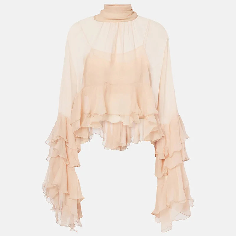 GetSpring, blusa para mujer, verano 2025, elegante camisa de malla de manga larga con volantes lisos para mujer, Top largo holgado que combina con todo para mujer