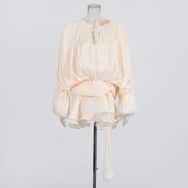 Twotwinstyle blusa sólida mini vestidos para mulheres com decote em v manga longa emendado rendas até vestido estilo doce roupas femininas moda