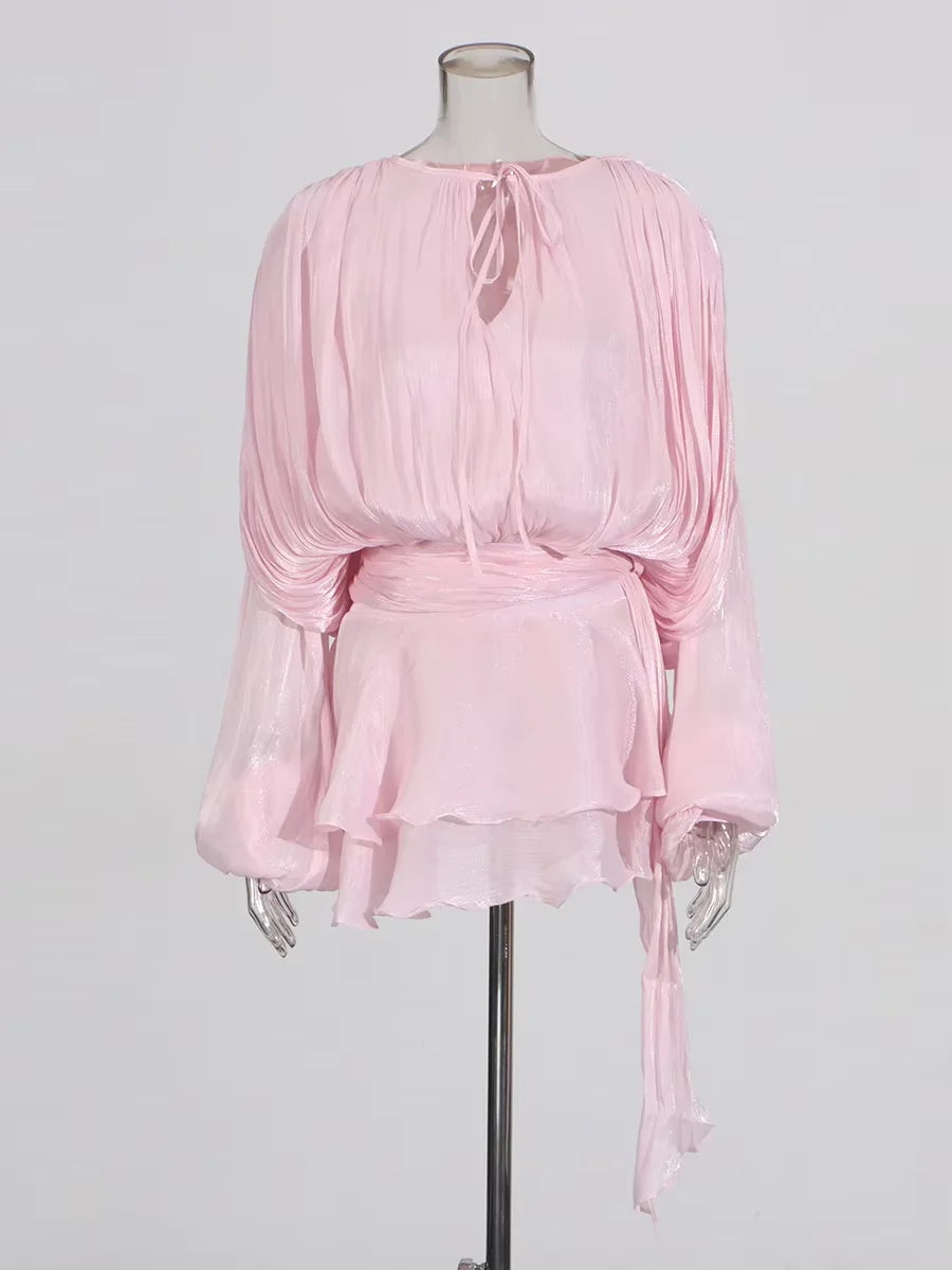 Twotwinstyle blusa sólida mini vestidos para mulheres com decote em v manga longa emendado rendas até vestido estilo doce roupas femininas moda