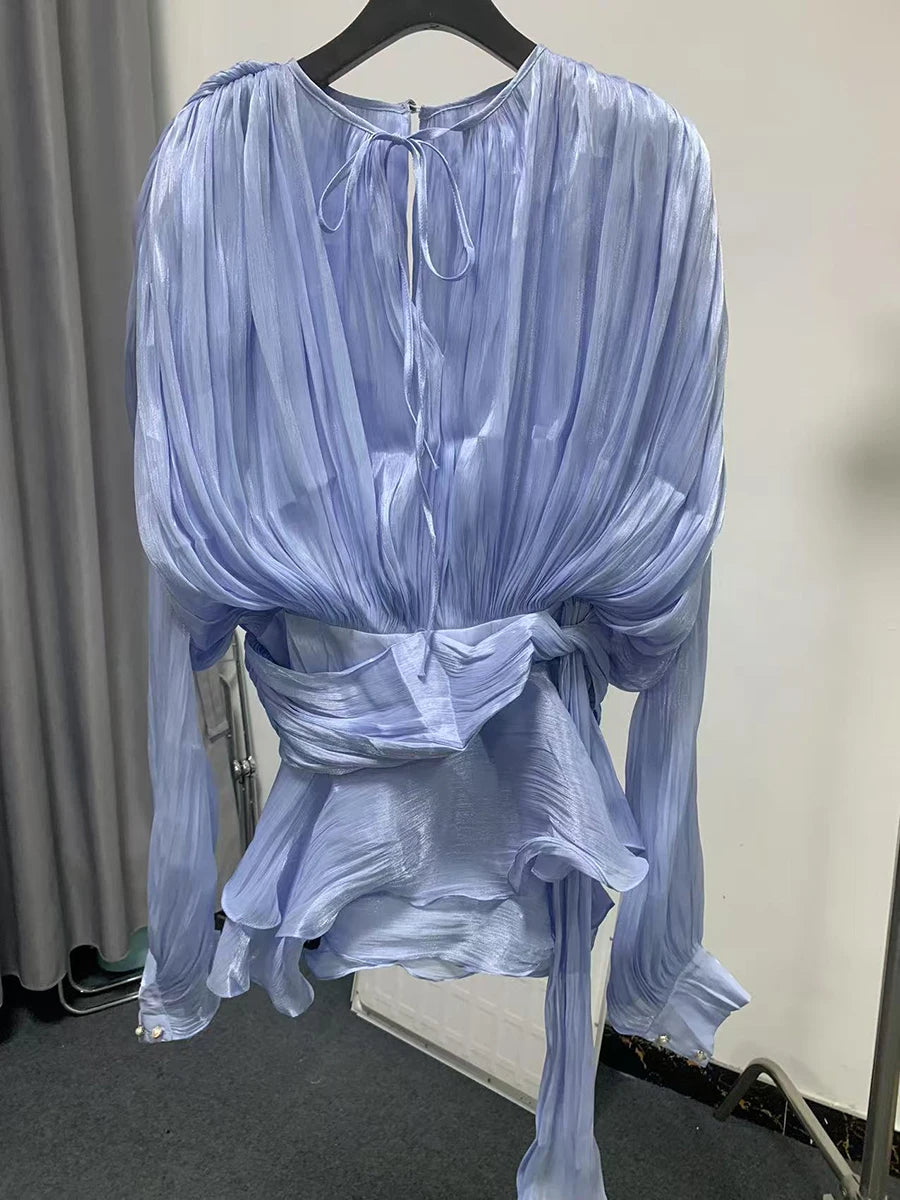 Twotwinstyle blusa sólida mini vestidos para mulheres com decote em v manga longa emendado rendas até vestido estilo doce roupas femininas moda