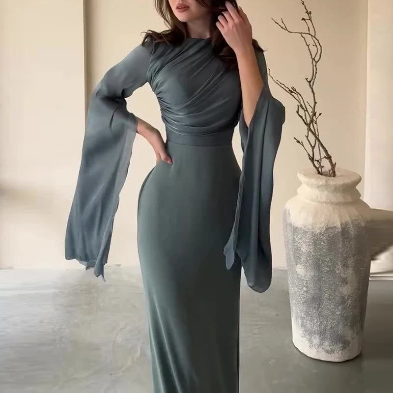 Vestido de satén liso a la moda para mujer, vestido de noche ajustado con cuello redondo y temperamento, mangas de murciélago elegantes, vestido largo plisado de cintura alta