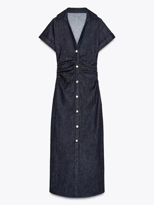 Vestidos largos ajustados de mezclilla a la moda para mujer, Vestidos largos plisados de cintura alta sin mangas con cuello redondo elegantes, Vestidos de calle para ir al trabajo para mujer 2025