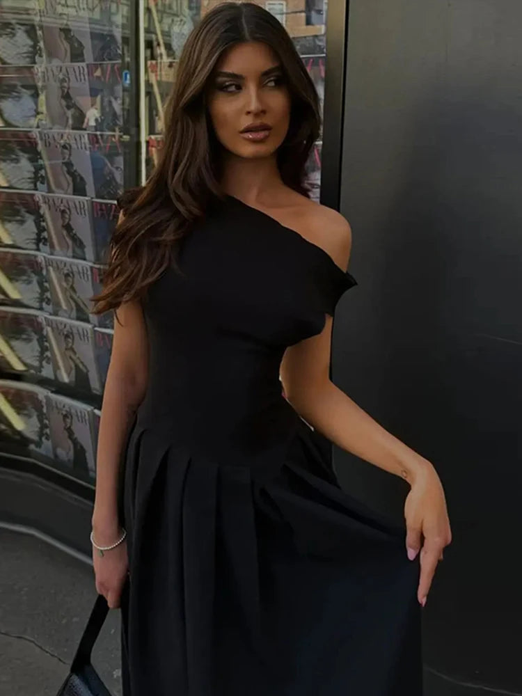 Vestido largo plisado de retales para mujer, vestido elegante negro con medio cuello alto, manga corta, vestidos de cintura alta, batas de calle para oficina