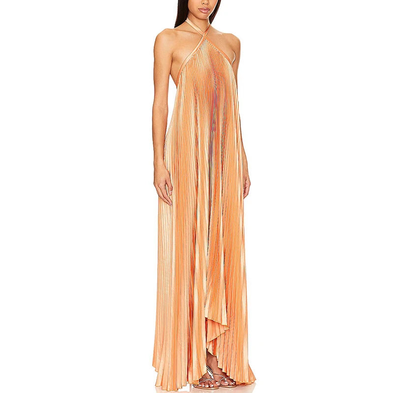 Vestido largo plisado de Color sólido a la moda, vestido de noche holgado calado con cuello Halter sexi para mujer, vestido de fiesta elegante sin mangas y espalda descubierta