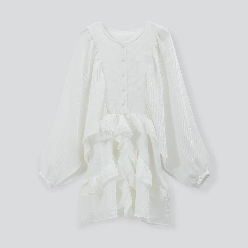 Minivestido informal liso con cuello redondo y borde con volantes para mujer, vestidos holgados plisados con manga acampanada, novedad de verano 2025, vestido de vacaciones para mujer