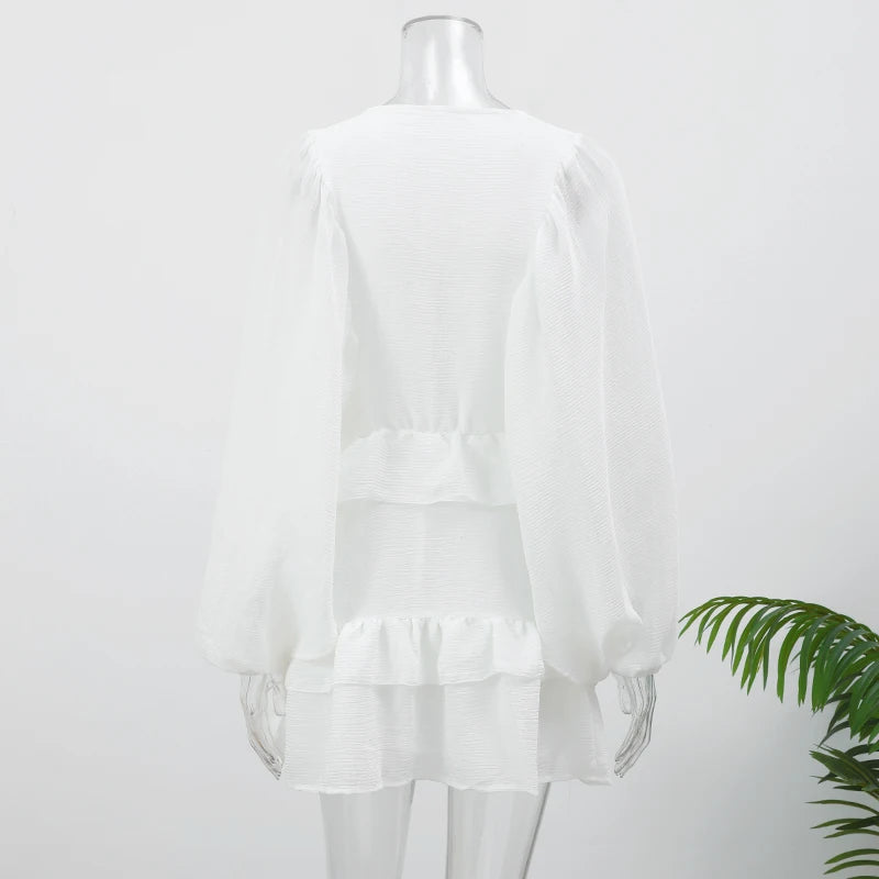 Minivestido informal liso con cuello redondo y borde con volantes para mujer, vestidos holgados plisados con manga acampanada, novedad de verano 2025, vestido de vacaciones para mujer