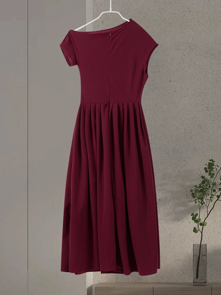 Vestido largo plisado de retales para mujer, vestido elegante negro con medio cuello alto, manga corta, vestidos de cintura alta, batas de calle para oficina