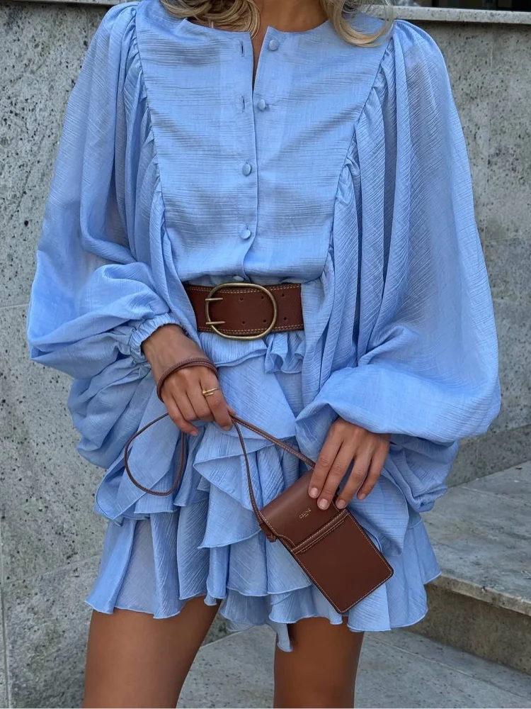 Minivestido informal liso con cuello redondo y borde con volantes para mujer, vestidos holgados plisados con manga acampanada, novedad de verano 2025, vestido de vacaciones para mujer