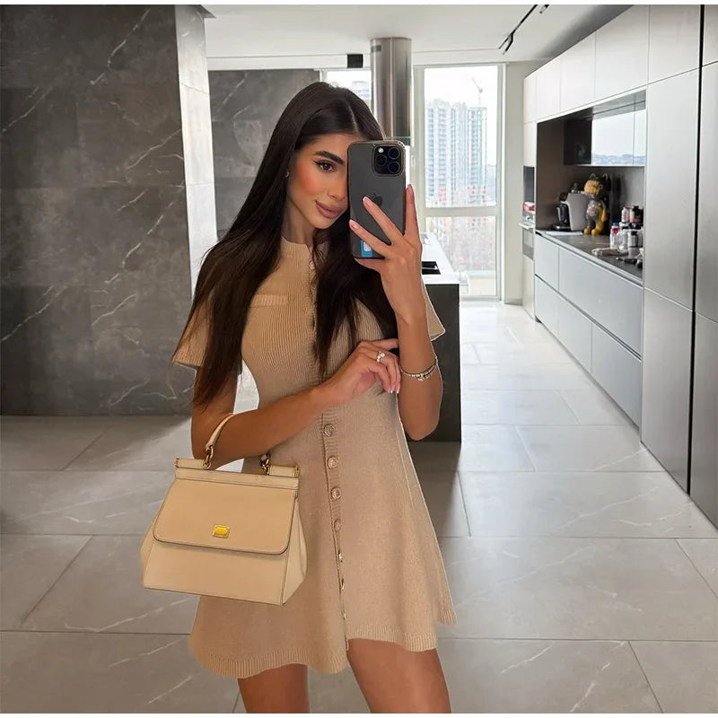 Vestido acampanado de punto con contraste blanco para mujer, Vestidos elegantes de manga corta con botones, minivestidos informales de verano 2025, novedad