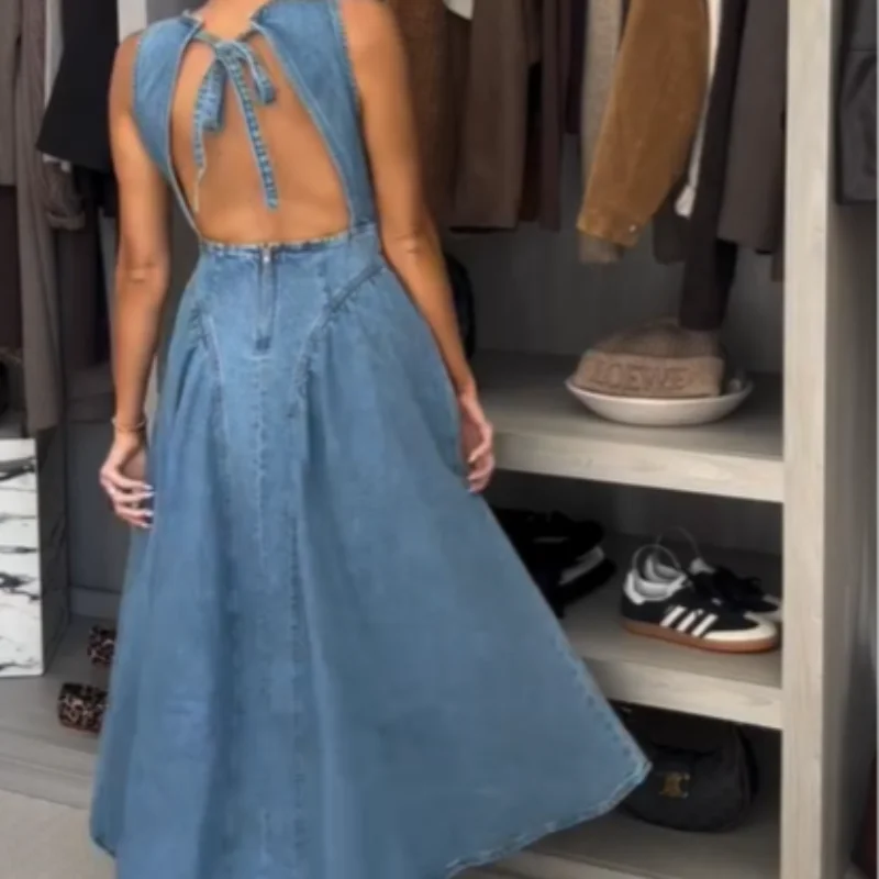 Vestidos largos ajustados de mezclilla a la moda para mujer, Vestidos largos plisados de cintura alta sin mangas con cuello redondo elegantes, Vestidos de calle para ir al trabajo para mujer 2025
