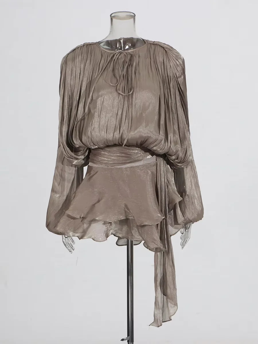 Twotwinstyle blusa sólida mini vestidos para mulheres com decote em v manga longa emendado rendas até vestido estilo doce roupas femininas moda