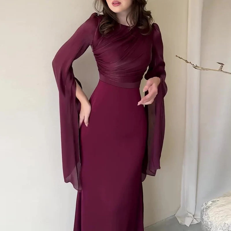 Vestido de satén liso a la moda para mujer, vestido de noche ajustado con cuello redondo y temperamento, mangas de murciélago elegantes, vestido largo plisado de cintura alta