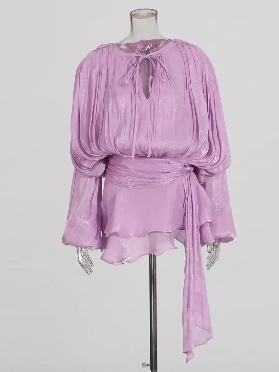 Twotwinstyle blusa sólida mini vestidos para mulheres com decote em v manga longa emendado rendas até vestido estilo doce roupas femininas moda