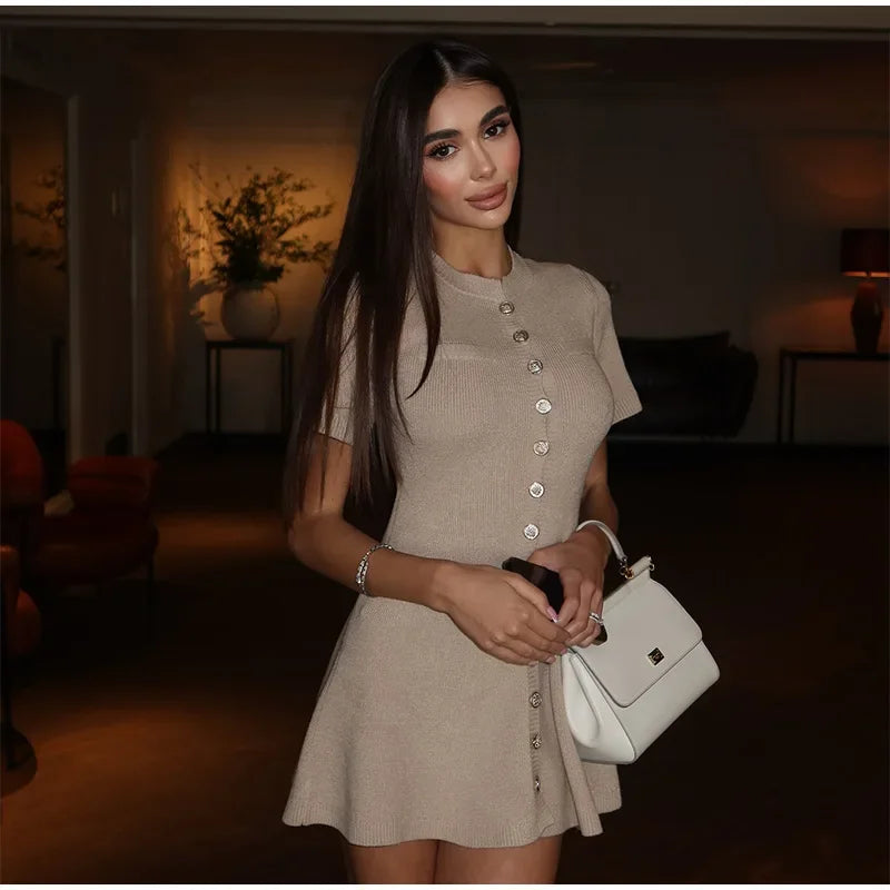 Vestido acampanado de punto con contraste blanco para mujer, Vestidos elegantes de manga corta con botones, minivestidos informales de verano 2025, novedad