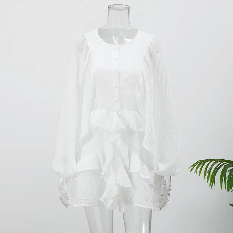 Minivestido informal liso con cuello redondo y borde con volantes para mujer, vestidos holgados plisados con manga acampanada, novedad de verano 2025, vestido de vacaciones para mujer