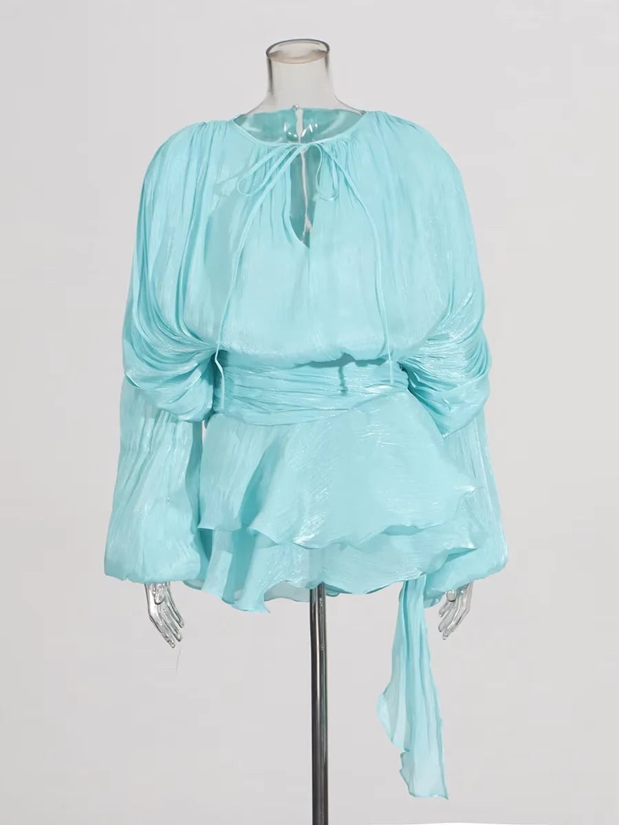Twotwinstyle blusa sólida mini vestidos para mulheres com decote em v manga longa emendado rendas até vestido estilo doce roupas femininas moda