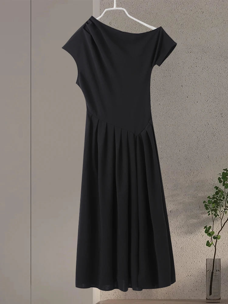 Vestido largo plisado de retales para mujer, vestido elegante negro con medio cuello alto, manga corta, vestidos de cintura alta, batas de calle para oficina