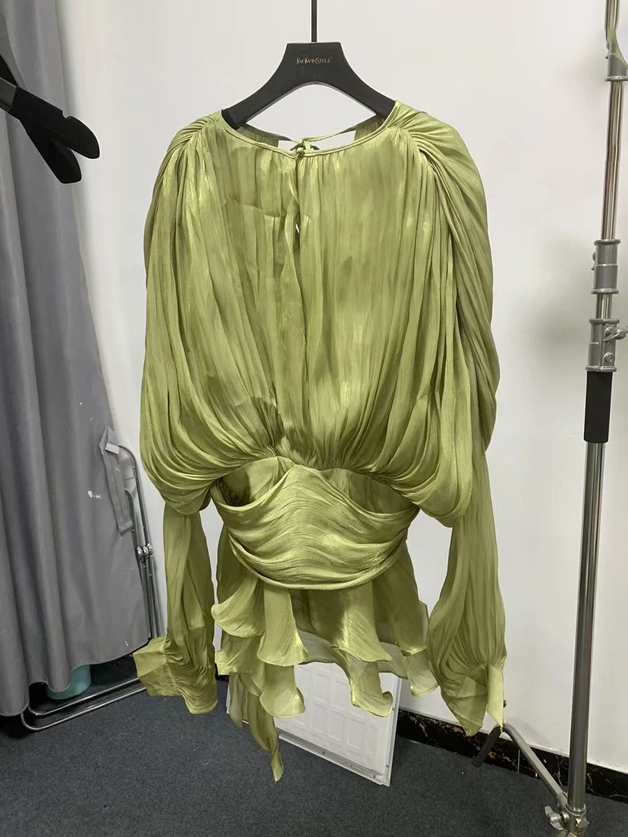 Twotwinstyle blusa sólida mini vestidos para mulheres com decote em v manga longa emendado rendas até vestido estilo doce roupas femininas moda