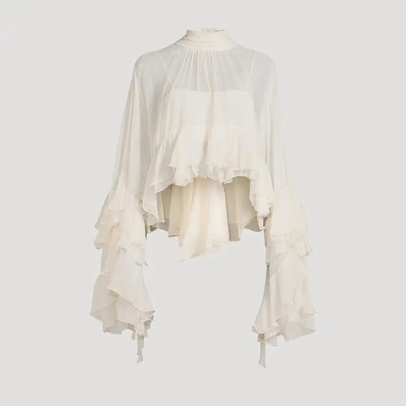 GetSpring, blusa para mujer, verano 2025, elegante camisa de malla de manga larga con volantes lisos para mujer, Top largo holgado que combina con todo para mujer