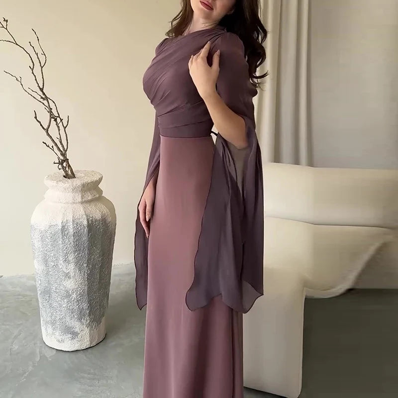 Vestido de satén liso a la moda para mujer, vestido de noche ajustado con cuello redondo y temperamento, mangas de murciélago elegantes, vestido largo plisado de cintura alta