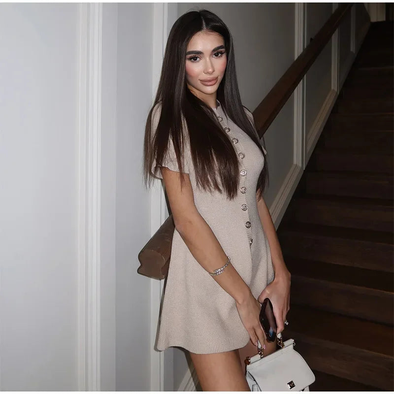 Vestido acampanado de punto con contraste blanco para mujer, Vestidos elegantes de manga corta con botones, minivestidos informales de verano 2025, novedad