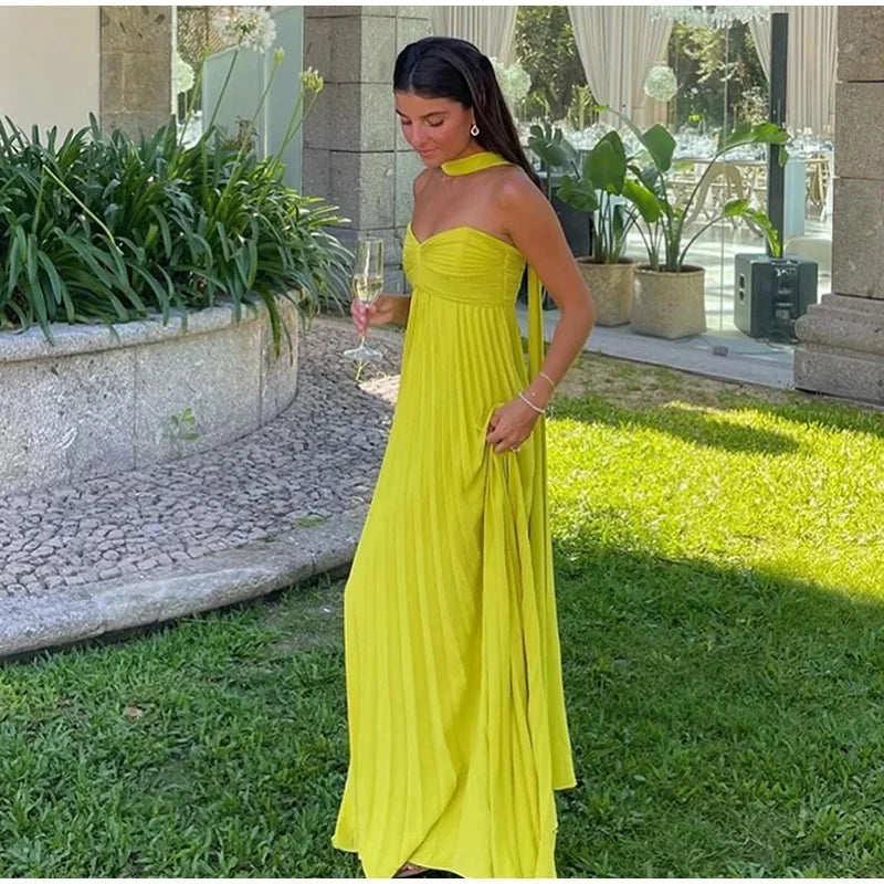 Vestidos plisados con cinta sin tirantes para mujer, vestido largo Sexy sin mangas y espalda descubierta, batas de fiesta de noche para señora nueva de primavera 2025