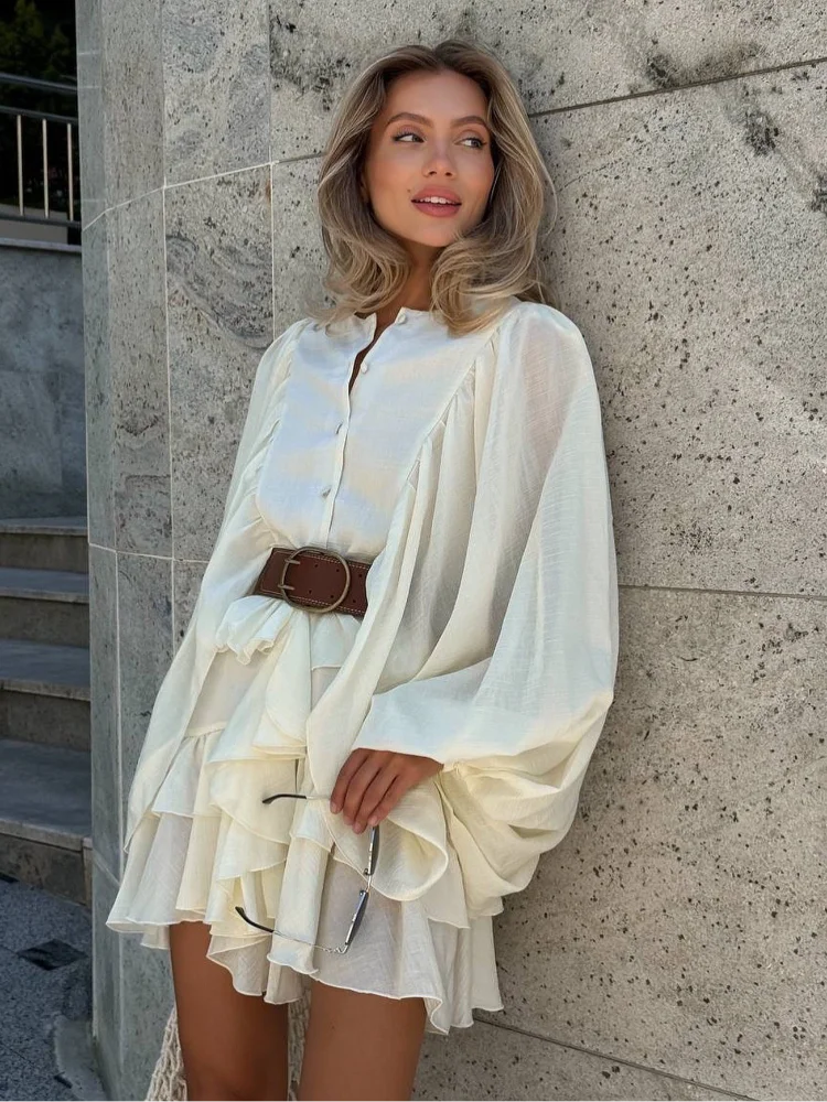 Minivestido informal liso con cuello redondo y borde con volantes para mujer, vestidos holgados plisados con manga acampanada, novedad de verano 2025, vestido de vacaciones para mujer