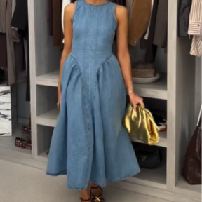 Vestidos largos ajustados de mezclilla a la moda para mujer, Vestidos largos plisados de cintura alta sin mangas con cuello redondo elegantes, Vestidos de calle para ir al trabajo para mujer 2025