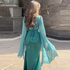 Vestido de satén liso a la moda para mujer, vestido de noche ajustado con cuello redondo y temperamento, mangas de murciélago elegantes, vestido largo plisado de cintura alta