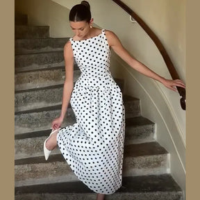 Vestido de fiesta elegante de lunares y cintura alta, batas con tirantes y espalda descubierta a la moda con cuello cuadrado, batas para vacaciones femeninas de verano 2025