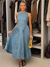 Vestidos largos ajustados de mezclilla a la moda para mujer, Vestidos largos plisados de cintura alta sin mangas con cuello redondo elegantes, Vestidos de calle para ir al trabajo para mujer 2025